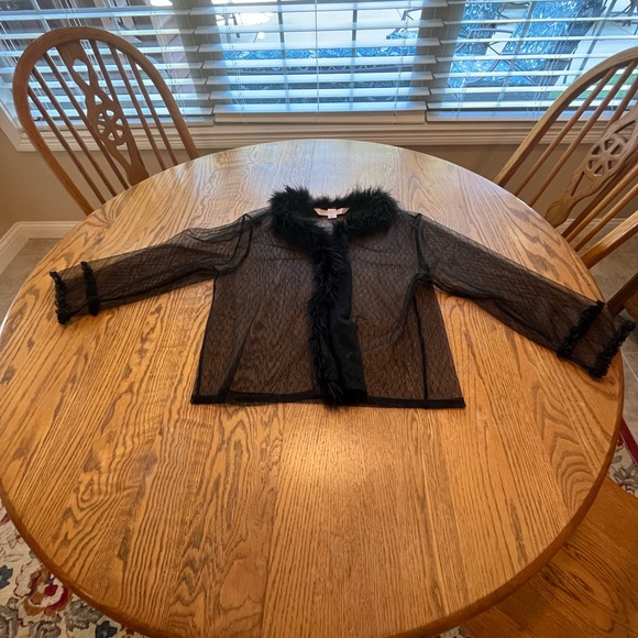 Victoria's Secret Black Sheer Lace Open Jacket Top Feather Boa Trim M/L Y2K Era? - Picture 7 of 11